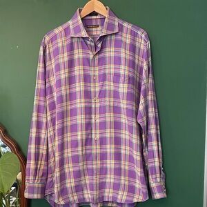 Peter Millar Men’s XL Purple, Yellow, Orange & Blue Plaid Shirt 100% Cotton